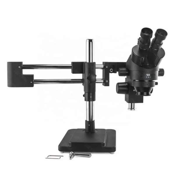 New Black 7X-45X Trinocular Stereo Microscope w/ Double Arm Boom Stand & Barlow Lens